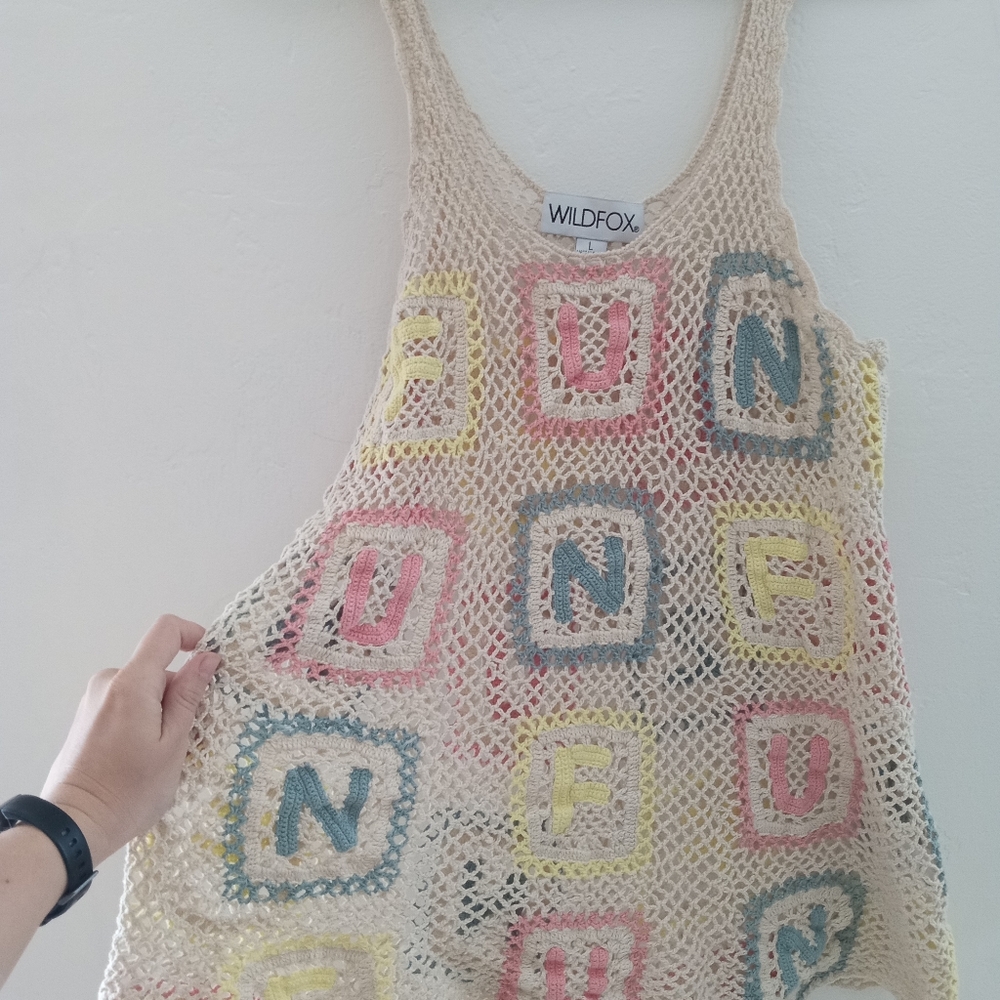 Wildfox FUN Beach Swim Cover Up Crochet Sheer Net Color Alphabet Block Large - Picture 6 of 8
